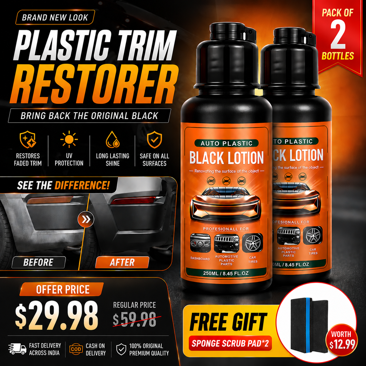 🚗 Plastic & Trim Restorer - Interior & Exterior Revitalizer with Applicator Pad