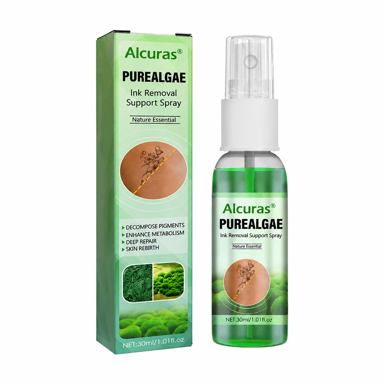 Alcuras® PureAlgae Ink Removal Support Spray 🌿 — Say Goodbye to Old Tattoo Pigment 💚, Fade Stubborn Ink ✨, Repair & Smooth Treated Skin 💧, Non-Laser ✅, Try It Now! 🔥