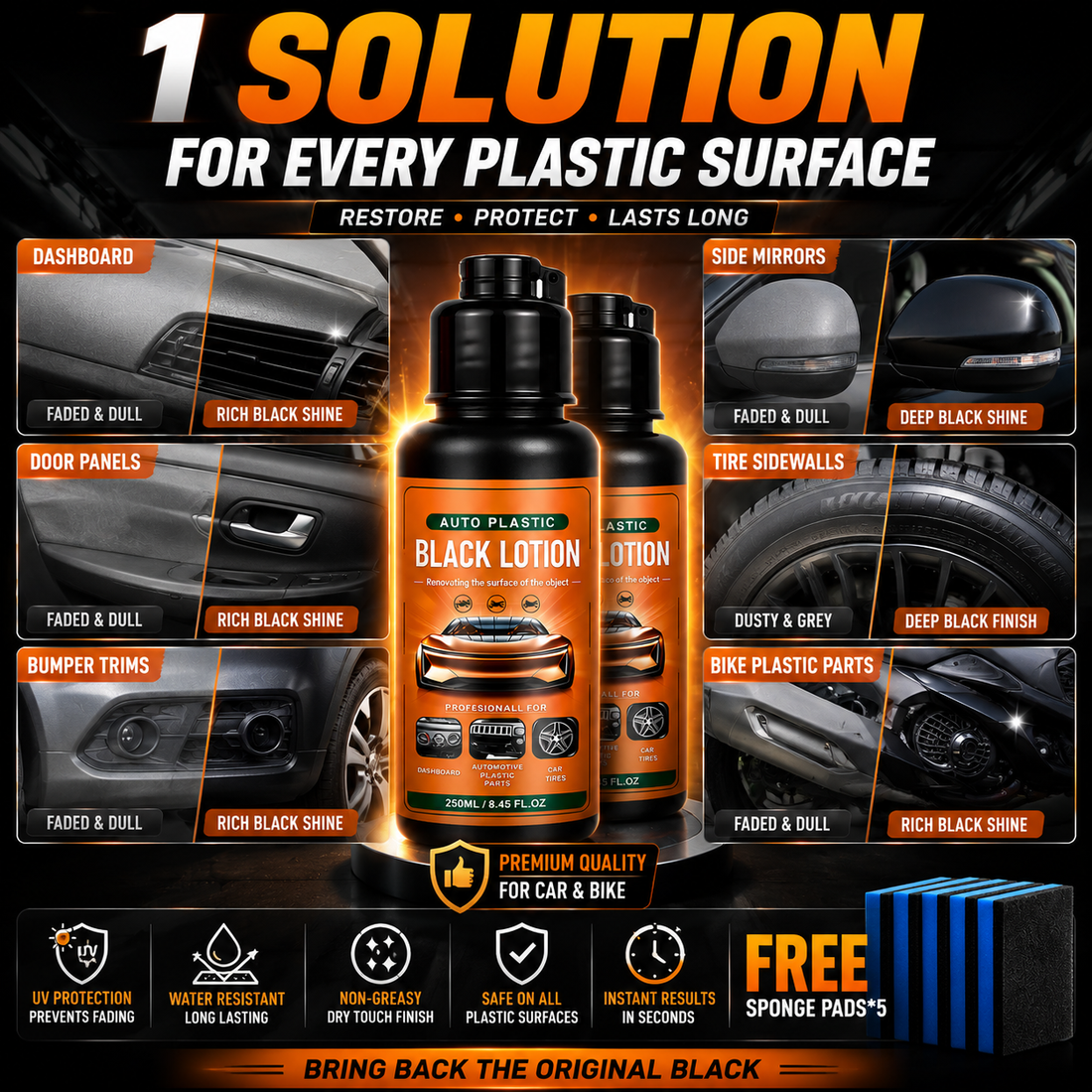 🚗 Plastic & Trim Restorer - Interior & Exterior Revitalizer with Applicator Pad
