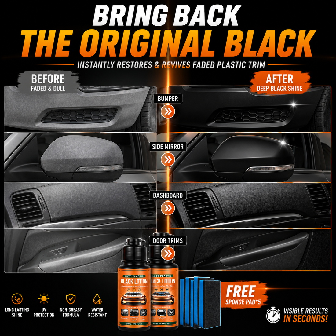 🚗 Plastic & Trim Restorer - Interior & Exterior Revitalizer with Applicator Pad